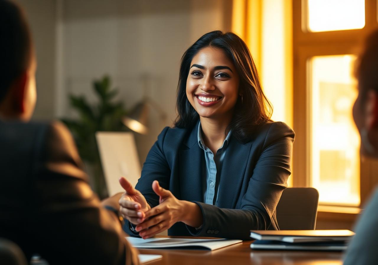 Woman in an interview presenting herself