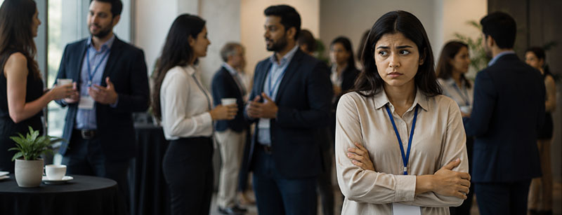Woman standing apart at a networking event