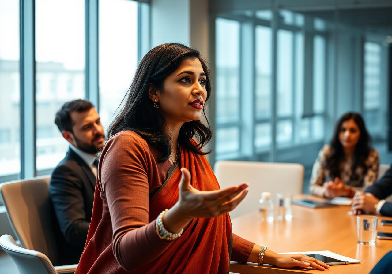 Woman speaking confidently in a meeting